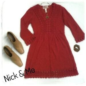 NICK & MO Wool A-line Red Dress Juniors Size M Crochet Trim Cottage Shabby Chic